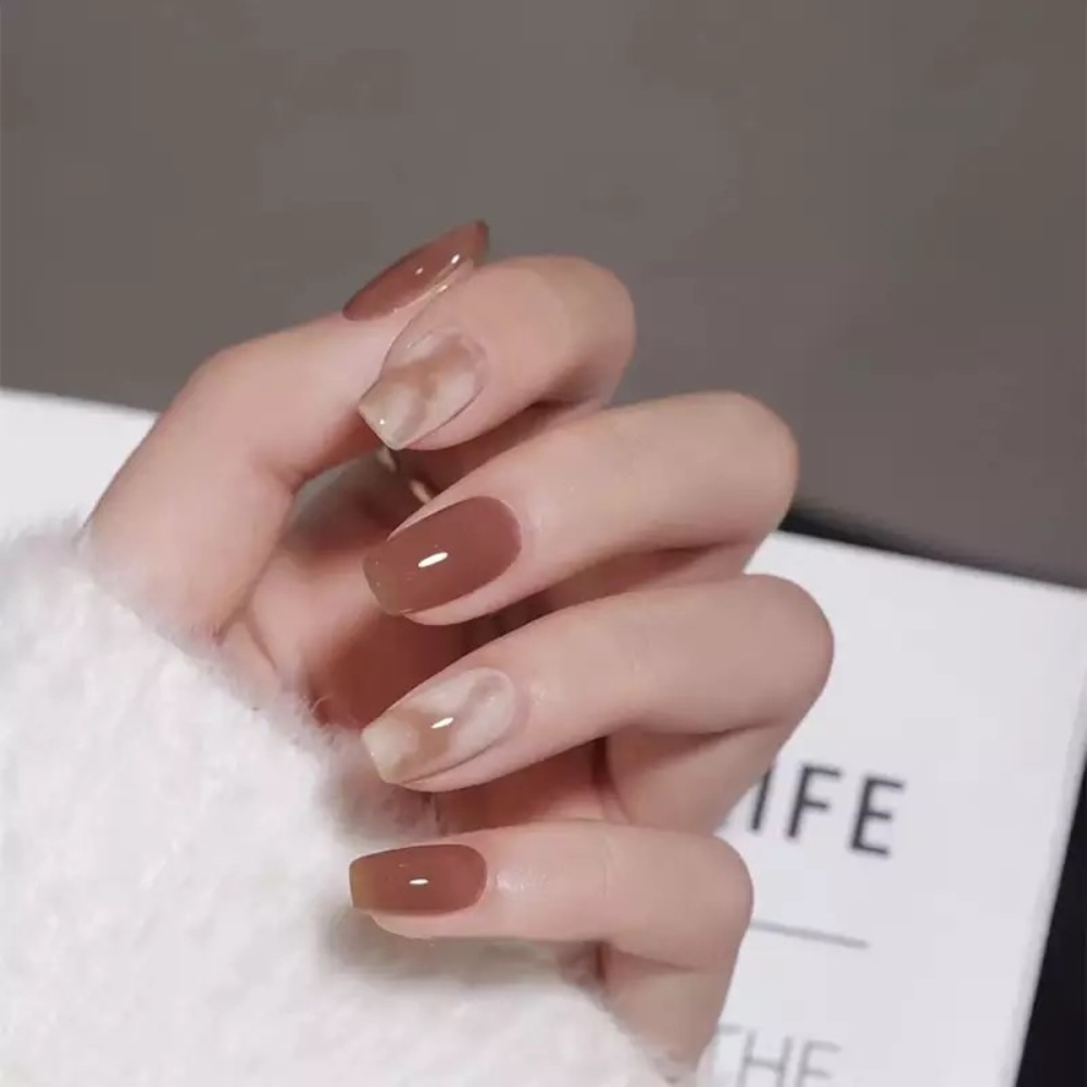 24 Pcs Marble Jelly Press on False Set Nail Full Cover Fake Nails Medium Length